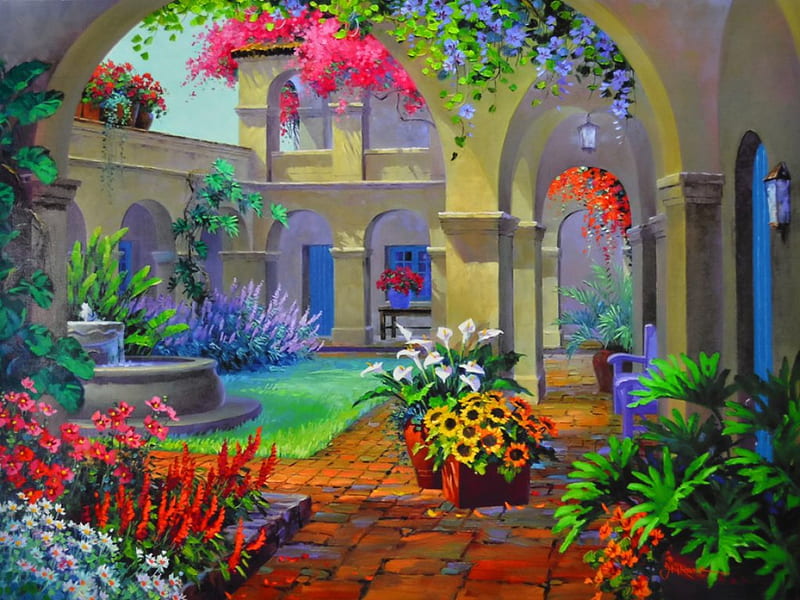 Archways, pretty, art, fountain, lovely, bonito, spring, lvoely, freshness, yard, nice, arch, painting, summer, flowers, garden, HD wallpaper