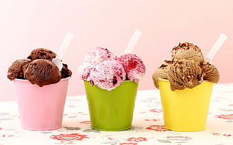 ice cream, sweets, chocolate ice cream, raspberry ice cream, caramel ice cream, HD wallpaper
