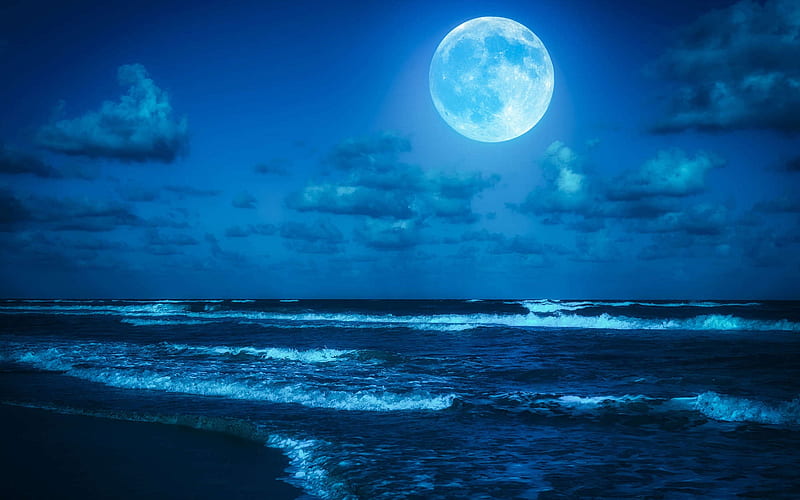 Moon Over the Ocean, shore, horizon, ocean, waves, clouds, sky, sea, moon, nature, HD wallpaper