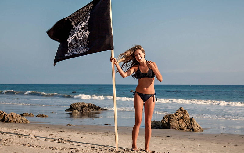 Bikini Model on Malibu Beach with Pirate Flag, Model, beach, Bikini, Blonde, HD wallpaper