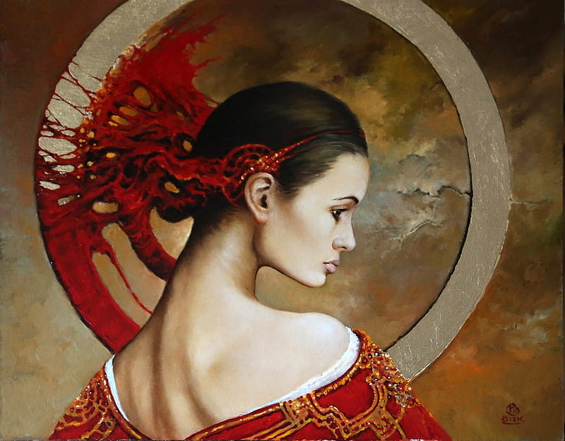 Fantasy girl by Karol Bak, karol bak, art, red, fantasy, girl, painting, face, pictura, HD wallpaper