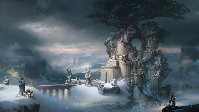 Fantasy, white, iarna, blue, winter, world, art, luminos, elf, yaping zhang, tree, city, HD wallpaper