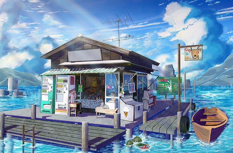 Anime, Sea, Boat, Shop, Vending Machine, HD wallpaper