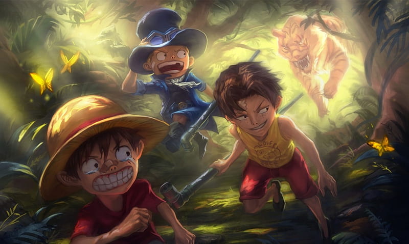 Run!, Kids, Forest, Anime, Former Noble, Monkey D Luffy, Manga, Giant Tiger, Butterfly, Sabo, Pirate, One Piece, Revolutionary, Portgas D Ace, HD wallpaper