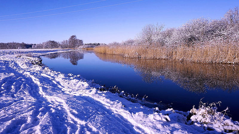 Beautiful Winter in Northern Germany, water, trees, snow, sky, grass, HD wallpaper