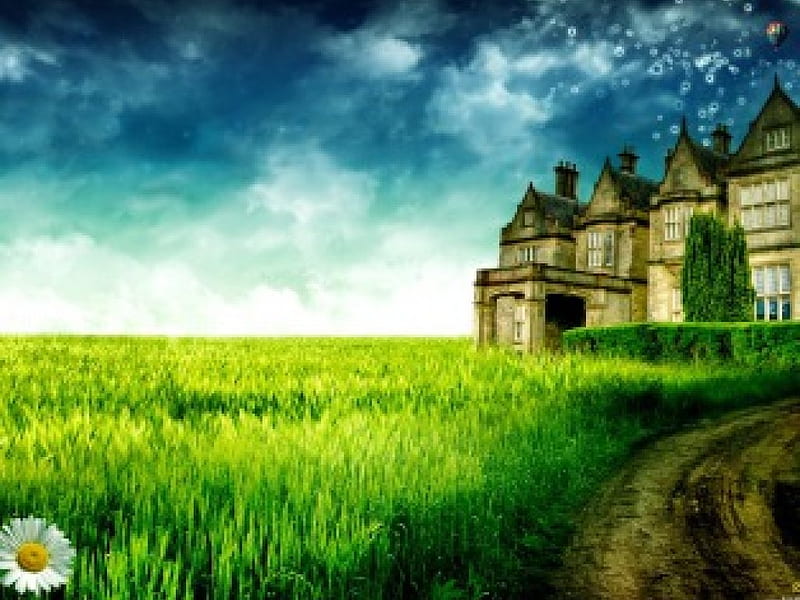 The mansion, fantasy, house, grasses, dark sky, HD wallpaper