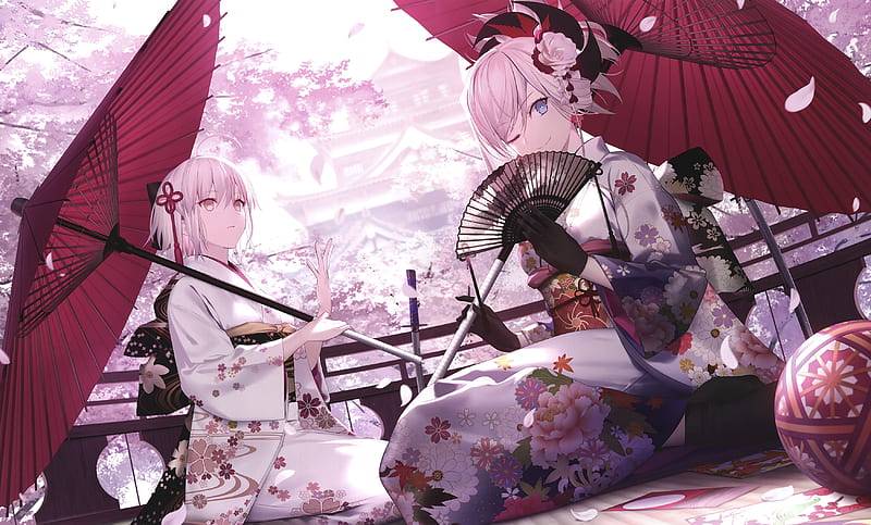 okita souji, miyamoto musashi, fate grand order, kimono, sakura blossom, wink, Anime, HD wallpaper