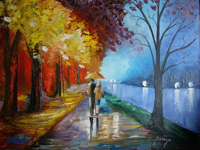 Autumn-Winter, art, orange, abstract, paintings, people, rain, couple, blue, HD wallpaper