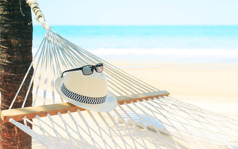 beach, palm trees, hammock, tropical island, beach hat, summer travel concepts, relaxation, HD wallpaper