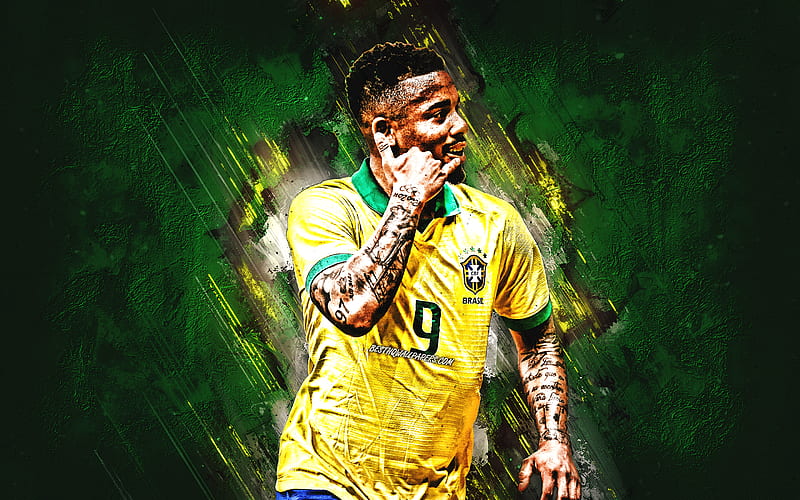 Gabriel Jesus, Brazilian soccer player, Brazil national football team, portrait, green stone background, creative art, football, Brazil, HD wallpaper