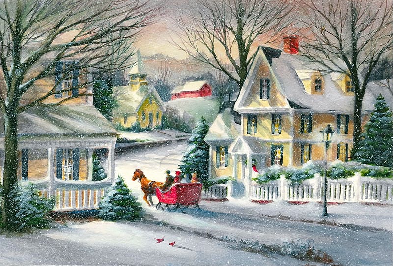 Peaceful Christmas, ride, peaceful, village, winter, art, beautiful ...