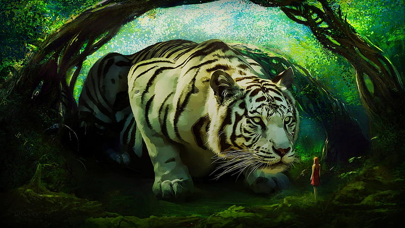 Lilliputian girl, giant, fantasy, girl, luminos, jungle, tigru, tiger, white, HD wallpaper