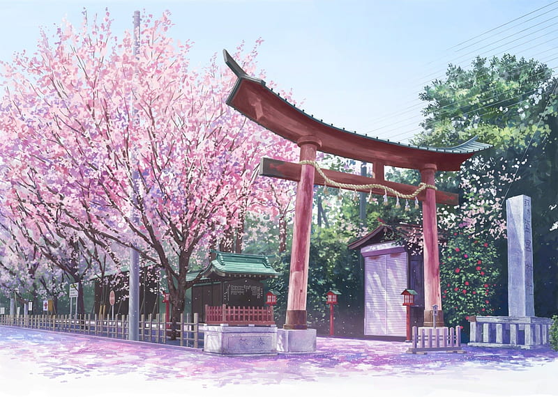 Sakura Shrine, pretty, scenic, sakura blossom, plant, bonito, floral, cherry blossom, sweet, nice, japan, anime, shrine, beauty, scenery, sakura, lovely, japanese, tree, oriental, flower, nature, scene, landscape, HD wallpaper