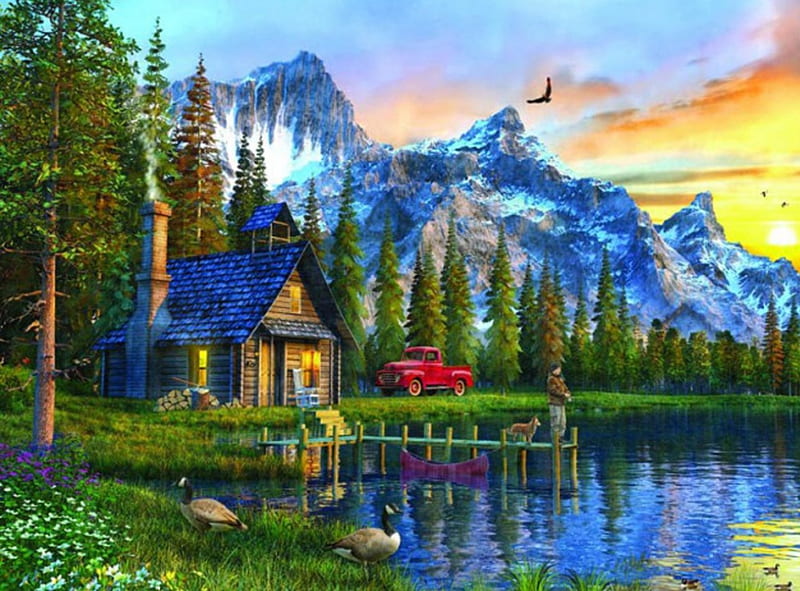 Cabaña al atardecer, bosque, lago, atardecer, cabaña, Fondo de pantalla HD  | Peakpx