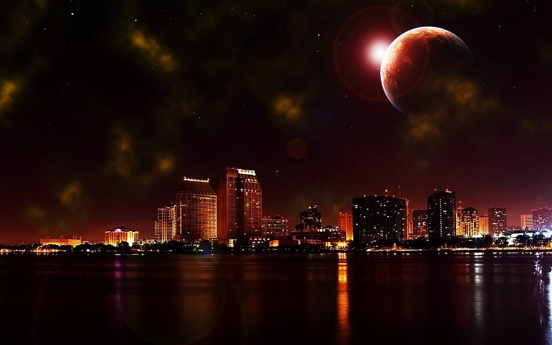 Planet City, moonlit night, pretty planet, planet scapes, scenic planet, HD wallpaper