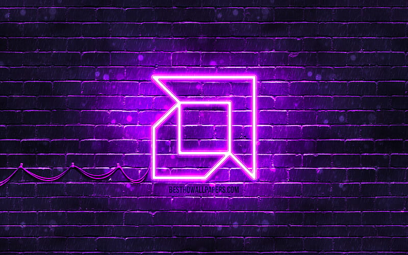 AMD violet logo violet brickwall, AMD logo, brands, AMD neon logo, AMD, HD wallpaper