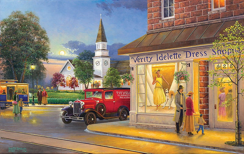 Verity Dress Shop, house, village, car, artwork, painting, church, HD wallpaper
