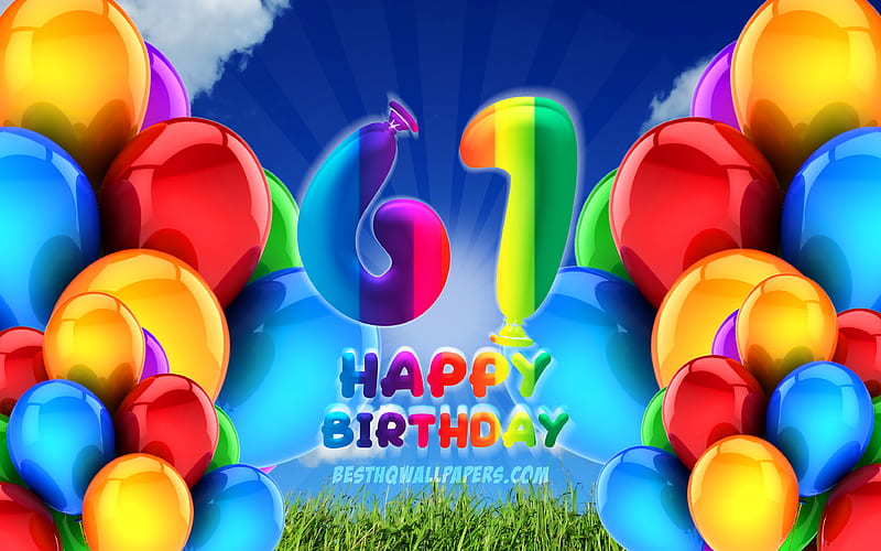 Happy 61 Years Birtay, cloudy sky background, Birtay Party, colorful ballons, Happy 61st birtay, artwork, 61st Birtay, Birtay concept, 61st Birtay Party, HD wallpaper