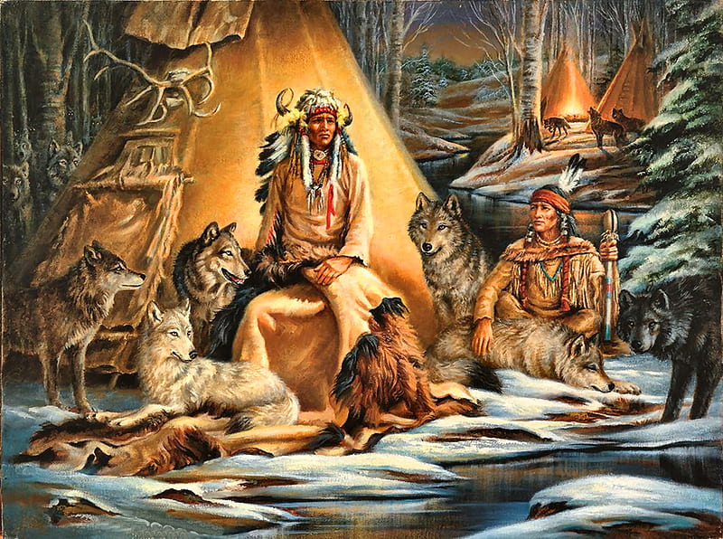 Mystical Native American Meeting F1, mystical, Old West, art, meeting, teepee, bonito, illustration, artwork, winter, snow, painting, wide screen, Native American, wolves, HD wallpaper