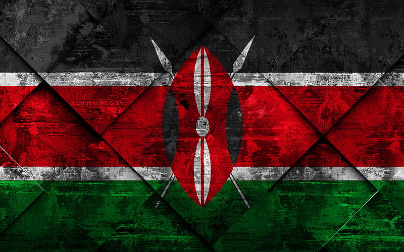 Flag of Kenya grunge art, rhombus grunge texture, Kenya flag, Africa, national symbols, Kenya, creative art, HD wallpaper