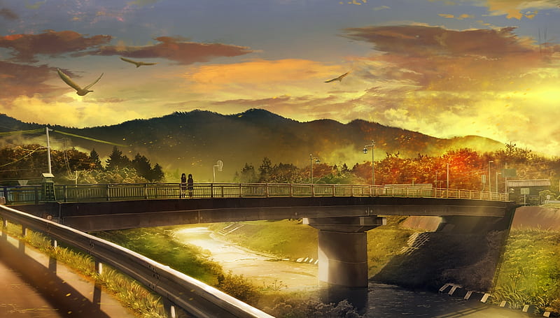 anime landscape, girls, bridge, river, autumn, scenic, relaxing, birds, friends, Anime, HD wallpaper