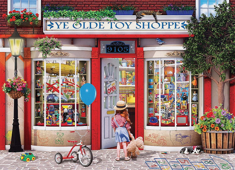 Ye Olde Toy Shoppe, child, toys, shop, windows, painting, door, HD wallpaper