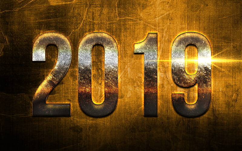 2019 year, golden background, creative gold numbers, 2019 concepts, New Year, metal digits, HD wallpaper