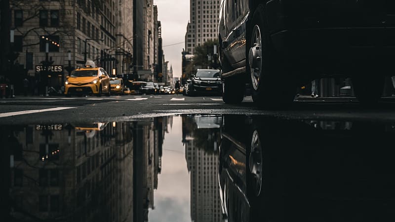 street, puddle, reflection, cars, buildings, asphalt full , tv, f, background, HD wallpaper
