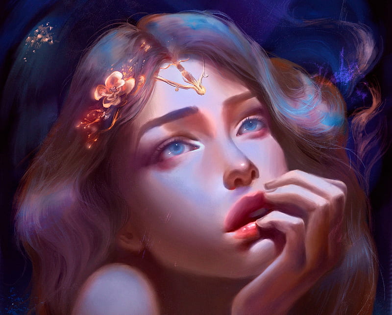 Rosa Aurem, art, fantasy, luminos, katrimav, face, pink, ahnd, frumusete, HD wallpaper