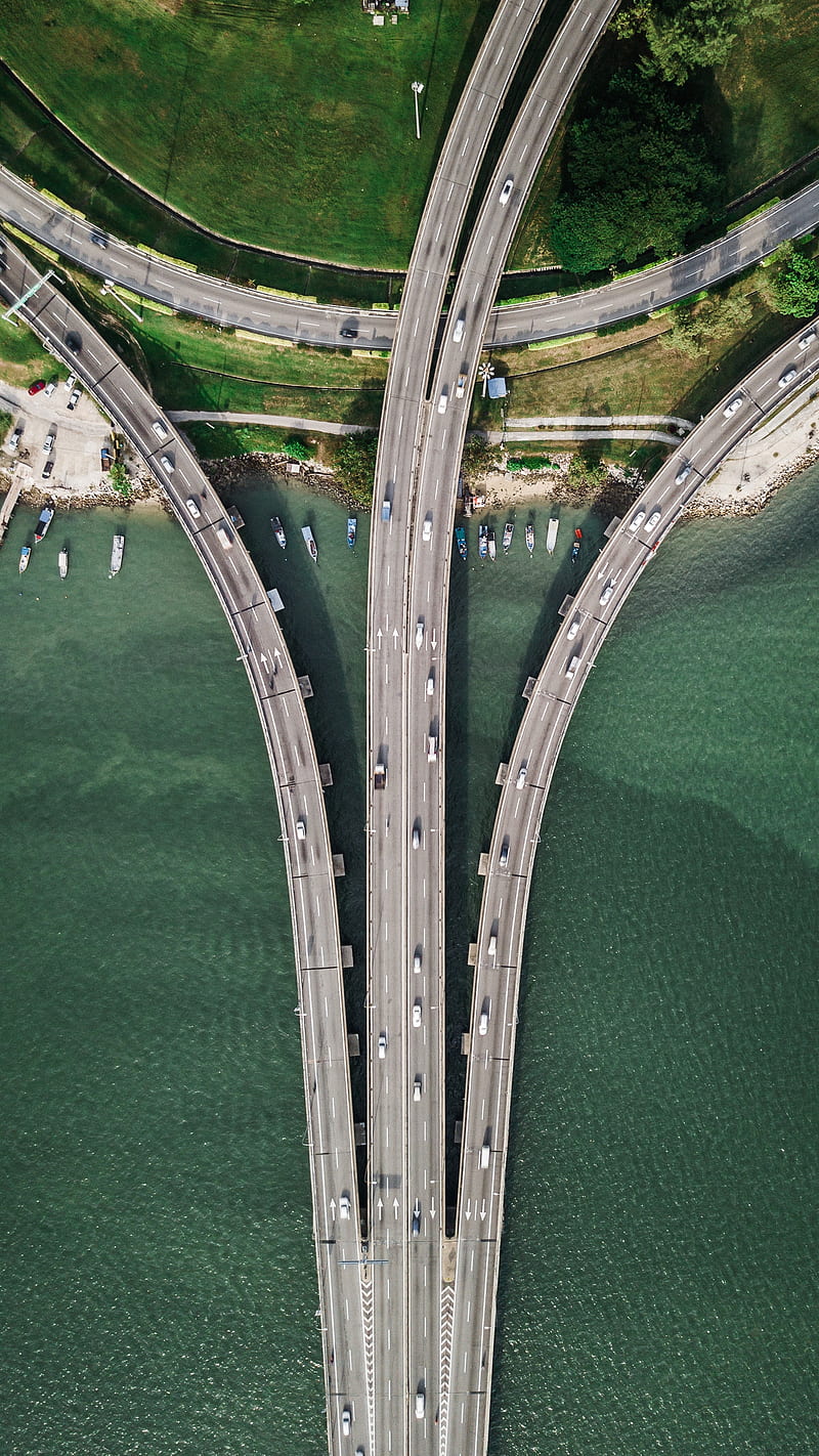 drone , road, bridge, car, boat, grass, trees, water, sea, HD phone wallpaper