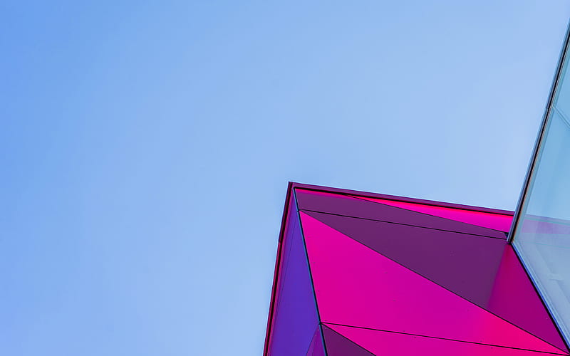 glass facade, purple abstraction, shopping center, blue sky, HD wallpaper