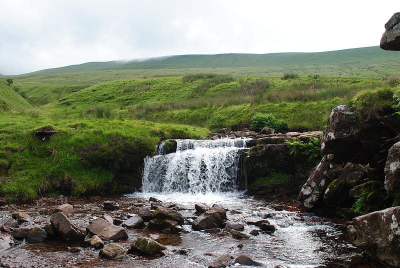 Breacon Waterfall, Breacon, Landscape, Stream, Mountain, Pen-Y-Fan, Wales, HD wallpaper