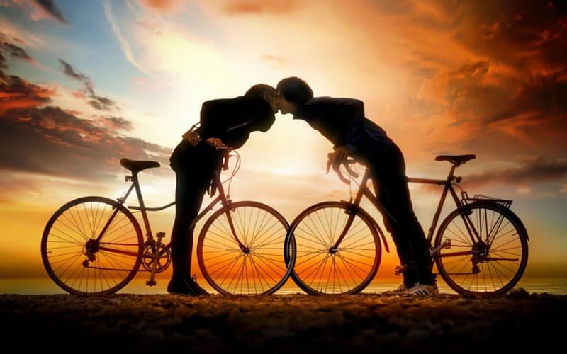 Sweet Love, sunset, bike, couple, people, HD wallpaper