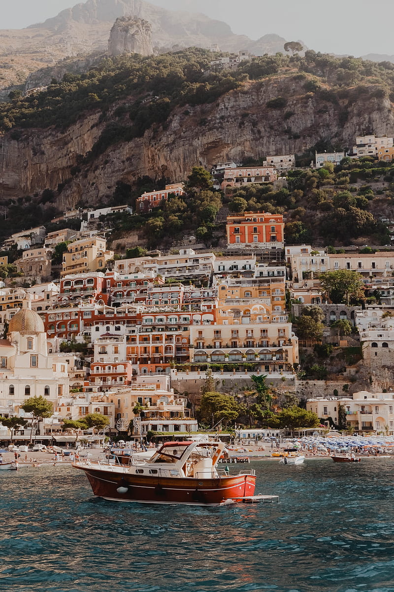 boat, city, buildings, coast, rocks, sea, HD phone wallpaper