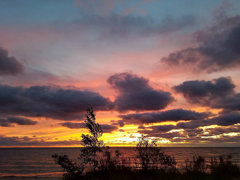 Sunset, beautiful sky, blue sky, lake michigan, life, red sky, HD wallpaper