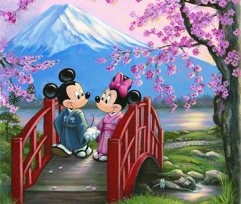 Mickey and Minnie Mouse, red, spring, cartoon, mountain, blossom, bridge, mouse, asian, minnie, pink, mickey, couple, disney, blue, HD wallpaper