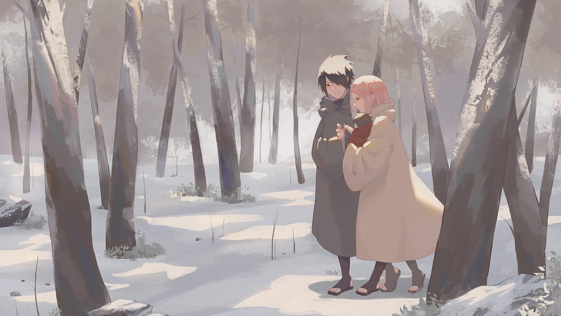 Black Hair Coat Forest Naruto Pink Hair Sakura Haruno Sarada Uchiha Sasuke Uchiha Winter Naruto, HD wallpaper