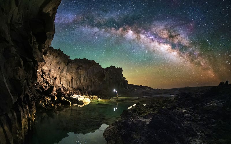 Milky Way Starry sky Valley Lake La Palma Spain, HD wallpaper
