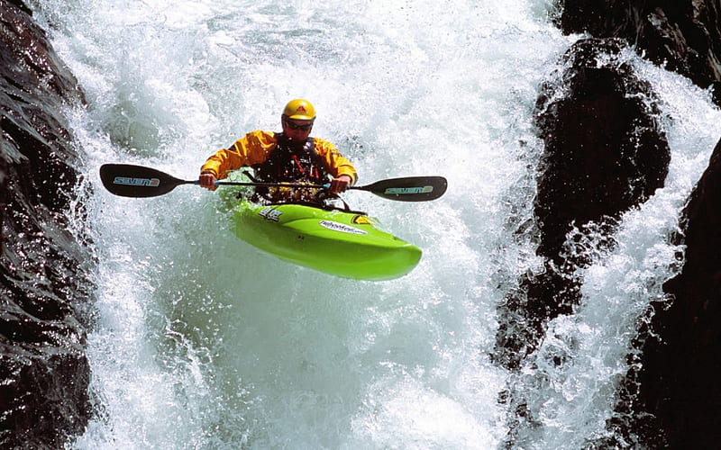 kayaking, waterfall, oar, rapids, kayak, HD wallpaper