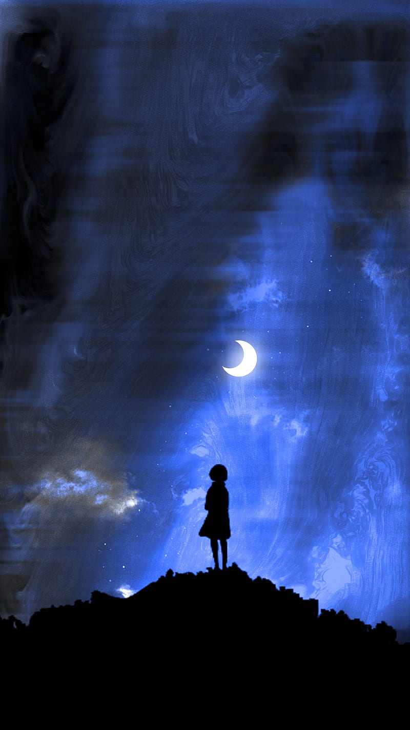 blue moon, CreativeSilhouette, creative, girl, mount, people, shadow, silhouette, sky, HD phone wallpaper