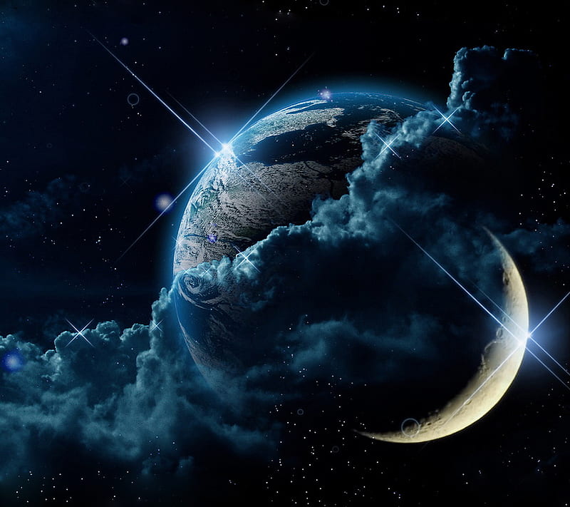 Earth and Moon, earth, moon, planet, sky, space, star, HD wallpaper