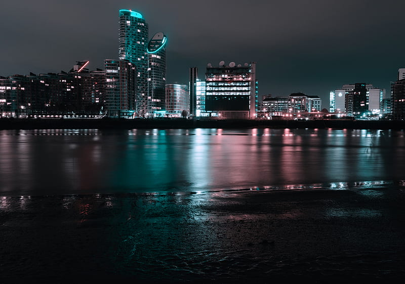night city, city lights, coast, panorama, river, london, uk, HD wallpaper