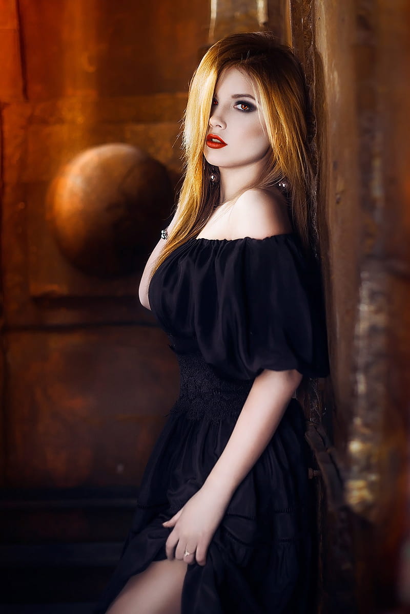 Ilya Novitsky, women, blonde, Ombre Hair, long hair, straight hair, red eyes, makeup, looking at viewer, dress, bare shoulders, holding clothes, black clothing, hair over one eye, HD phone wallpaper