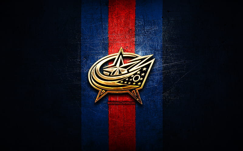 Columbus Blue Jackets, golden logo, NHL, blue metal background, american hockey team, National Hockey League, Columbus Blue Jackets logo, hockey, USA, HD wallpaper