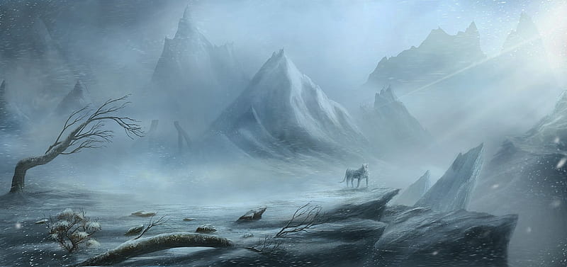Skyrim, luminos, wind, game, winter, fantasy, reinmar84, white, landscape, blue, HD wallpaper