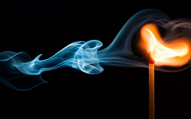 match fire, blue smoke, burning match on black background, fire concepts, smoke, match, HD wallpaper