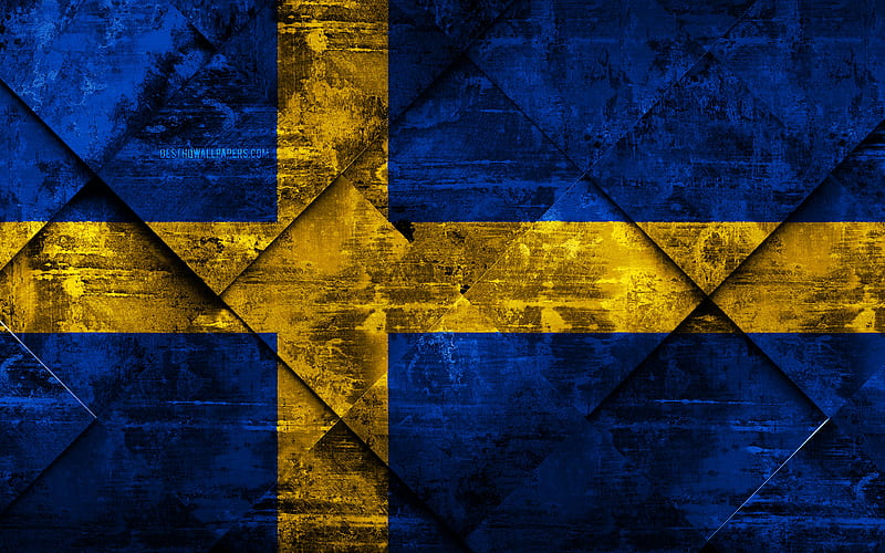 Flag of Sweden grunge art, rhombus grunge texture, Swedish flag, Europe, national symbols, Sweden, creative art, HD wallpaper