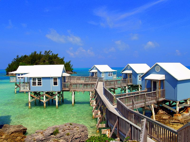 Casas de agua, rocas, hermosas, casas, océano, Fondo de pantalla HD