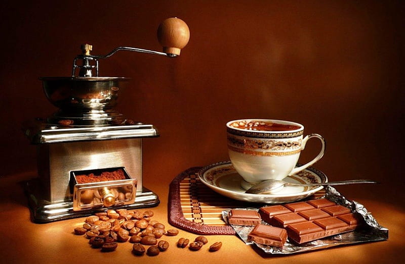 Coffee time, saucer, fresh, chocolate, grinder, flavored, abstract, coffee beans, ground coffee, graphy, coffee, tasty, cup, vintage, porcelain, HD wallpaper