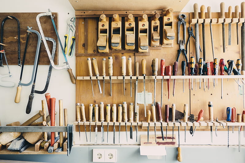 assorted handheld tools in tool rack, HD wallpaper
